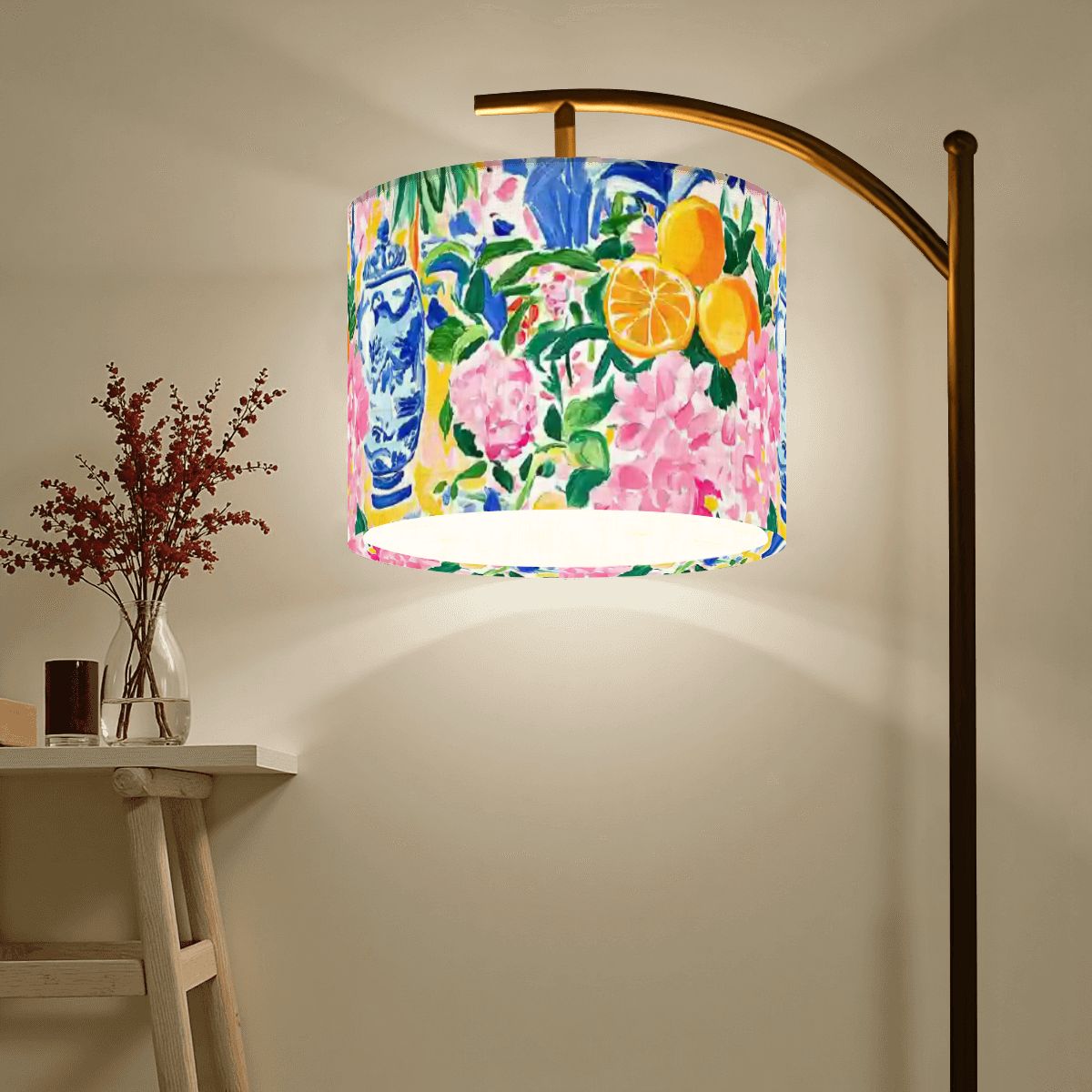 Vibrant Floral Asian Chinoiserie Modern Arc Floor Lamp - Splash of Color Co.