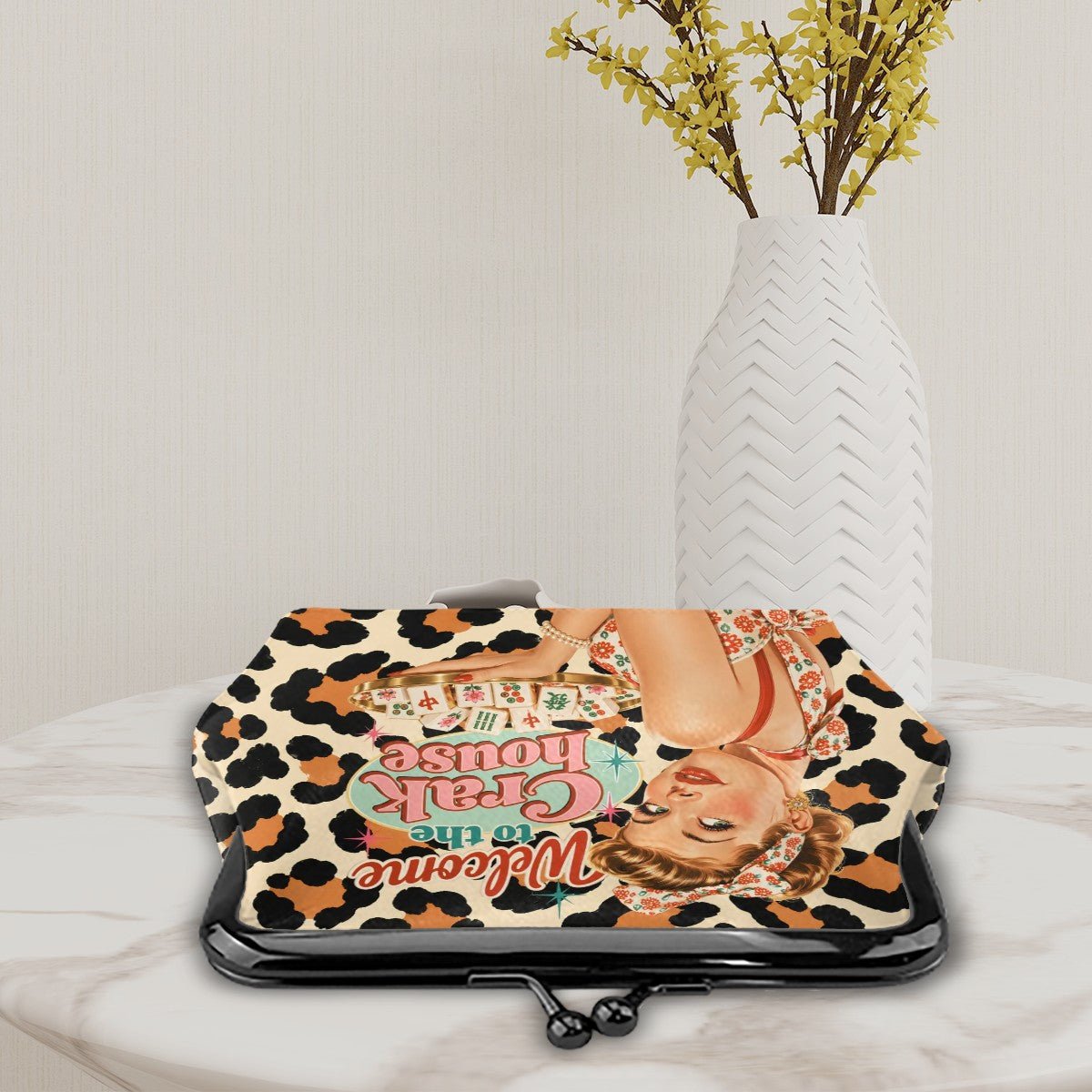 Funny Mahjong Welcome To The Crak House Leopard Print Women's Leather Kiss Lock Coin Purse - Splash Of Mahj And Color Co.