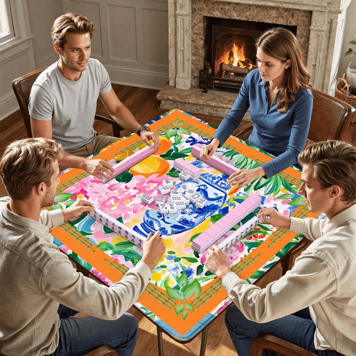 Asian Chinoiserie Citrus Orange, Blue Mahjong Mat