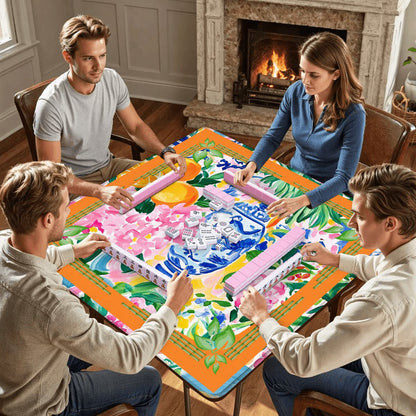 Asian Chinoiserie Citrus Orange, Blue Mahjong Mat