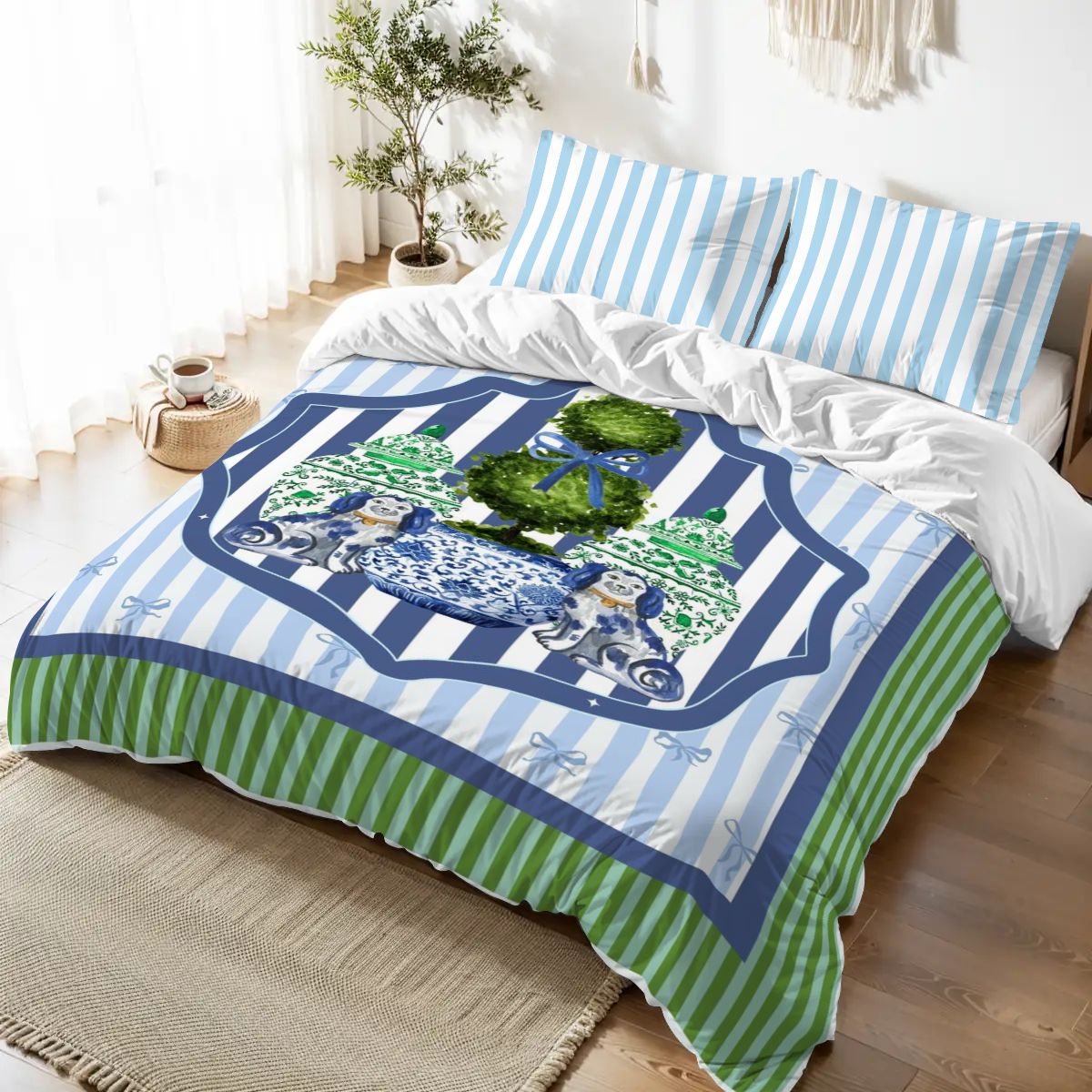 Chinoiserie Staffordshire Watercolor Dogs, Green Blue Preppy Queen Duvet Cover Set - Splash of Color Co.