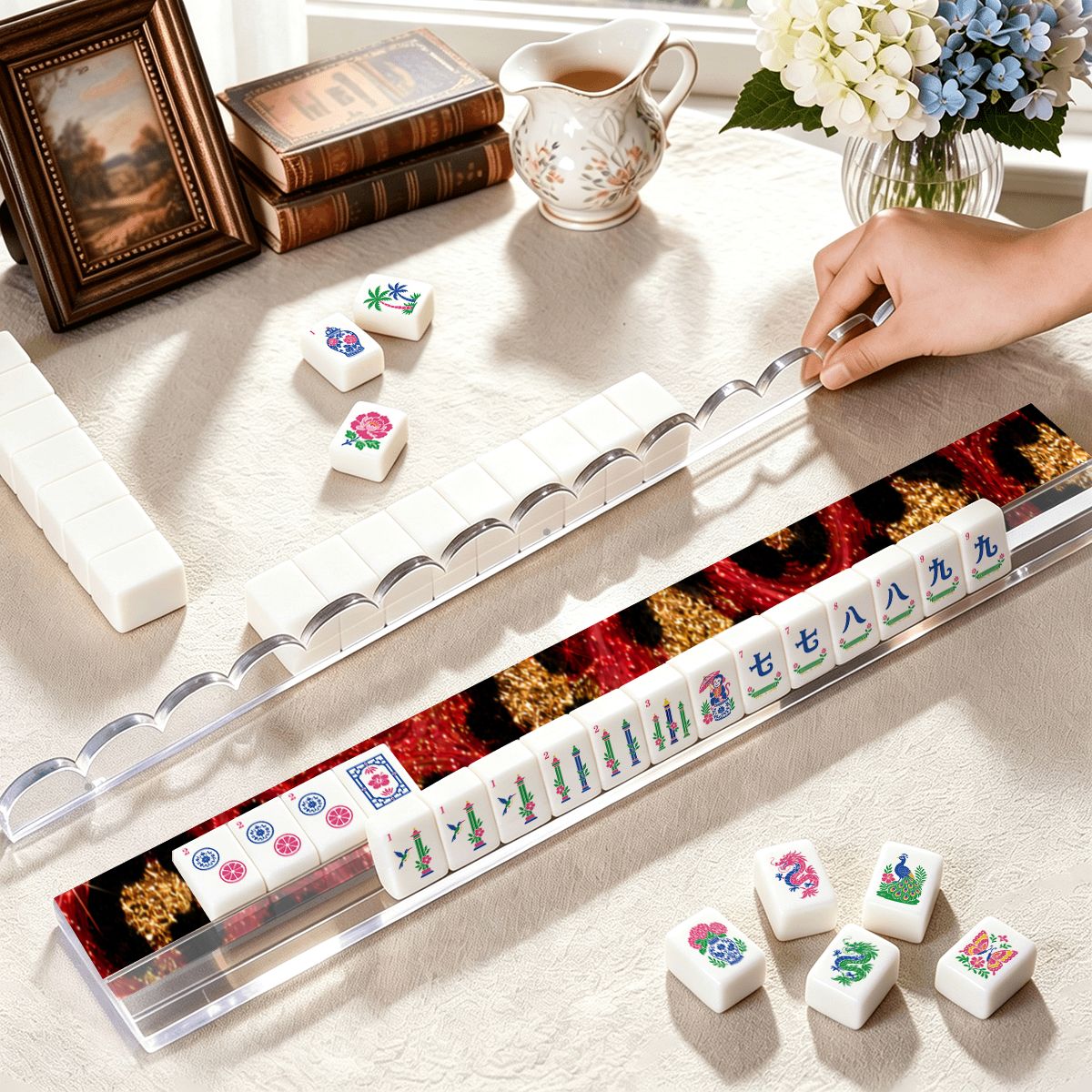 Leopard Luxe Red And Gold Glitter Extended Mahjong Rack Set of 4  Scalloped Magnetic Tile Pusher 20'