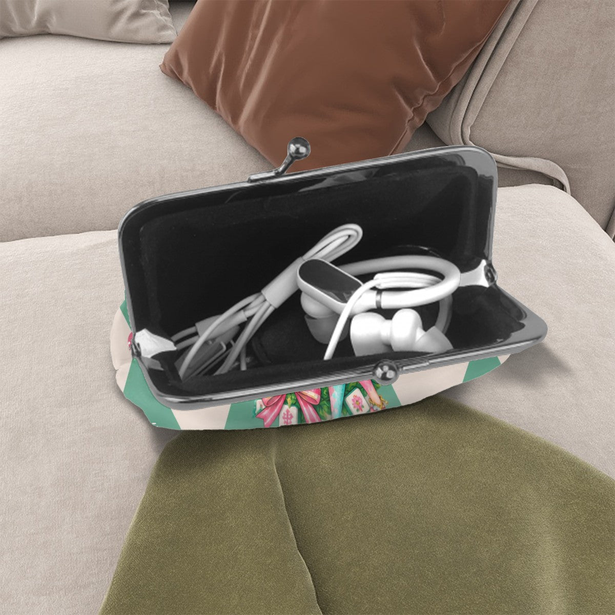 Mahjie The Mahjong Mascot Harlequin Designed Women's Leather Kiss Lock Coin Purse - Splash Of Mahj And Color Co.
