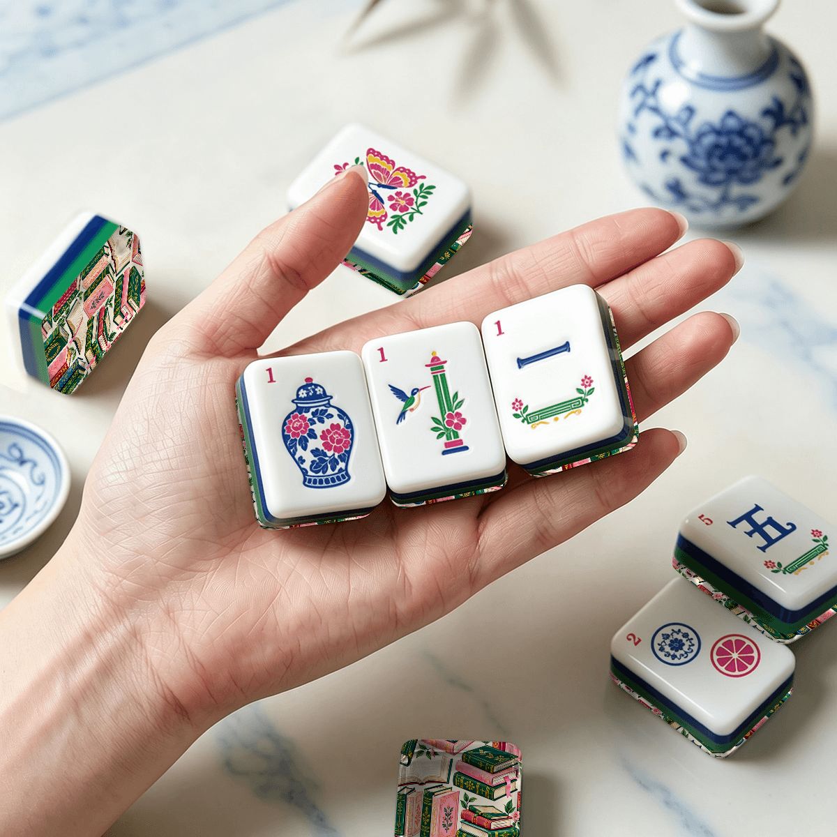 Mahj Between the Lines Bookish Chinoiserie Chic American Mahjong Tiles And Carry Case