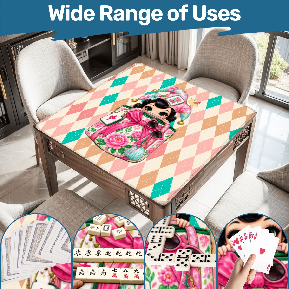 Mahjie The Mascot Harlequin Designed Mini Travel Mahjong Mat - Splash Of Mahj And Color Co.