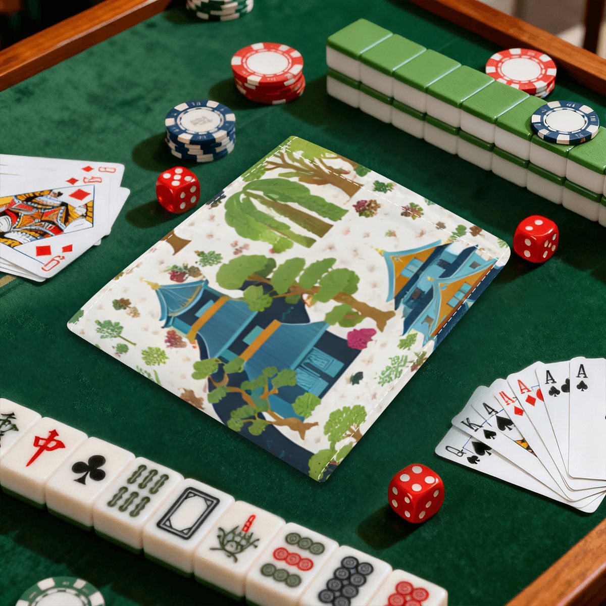 4 Mahjong Card Holder with Line Finder, Asian Garden Blue And Green Chinoiserie - Splash of Color Co.