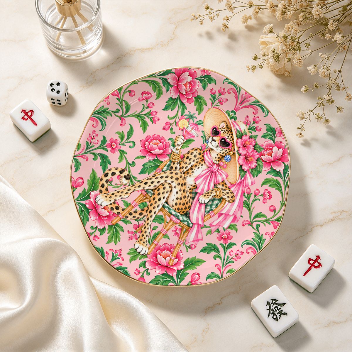 GrandMillenial Chic Leopard Round Scalloped Ceramic Mahjong Dice Tray - Splash Of Mahj And Color Co.