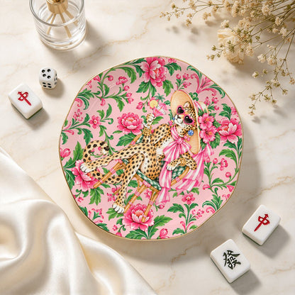 GrandMillenial Chic Leopard Round Scalloped Ceramic Mahjong Dice Tray - Splash Of Mahj And Color Co.
