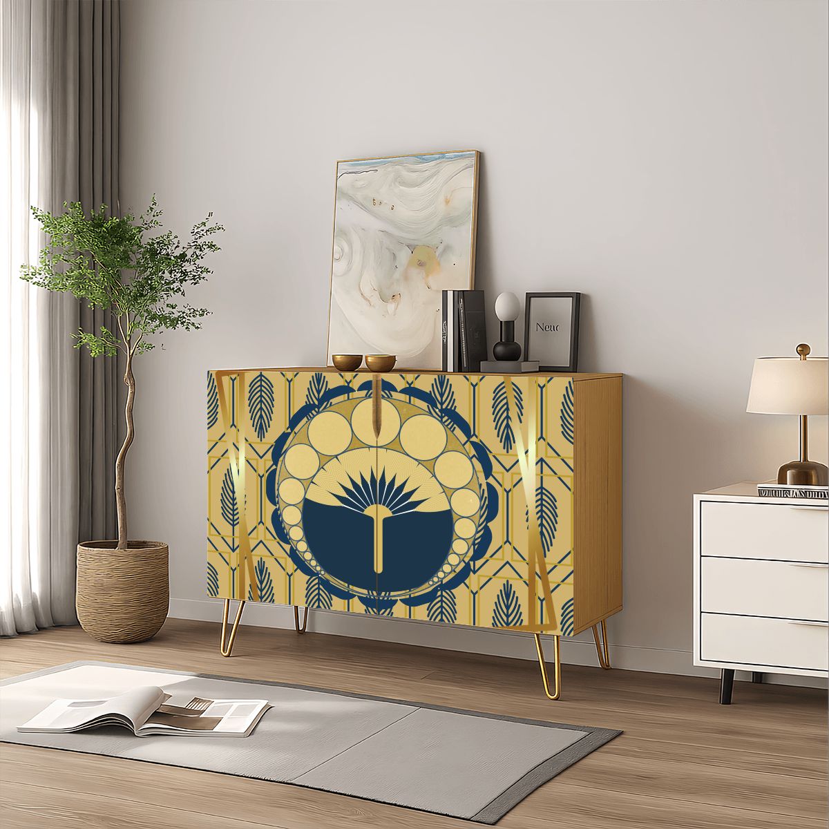 Palm Royale' Art Deco Modern Gold Royal Blue Wooden Storage Cabinet - Splash of Color Co.