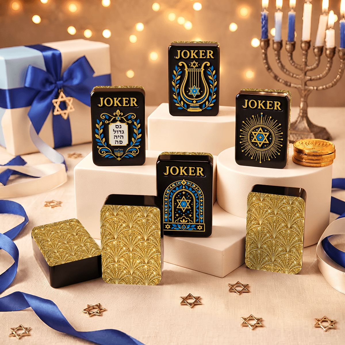 Art Deco Gold Starry Night Hanukkah Mahjong Tiles And Carry Case