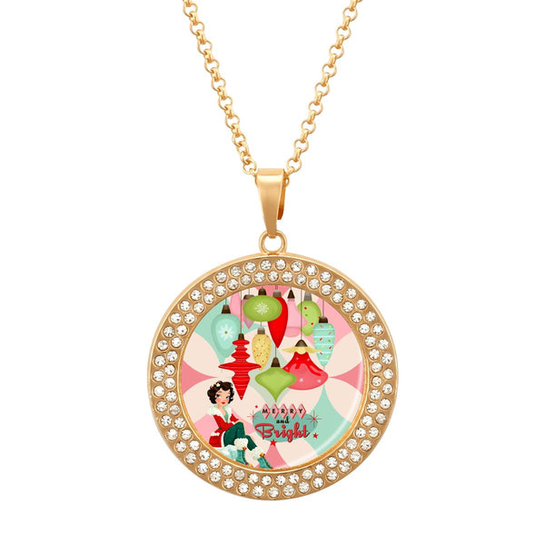 Merry And Bright Christmas Round Rhinestone Pendant Necklace