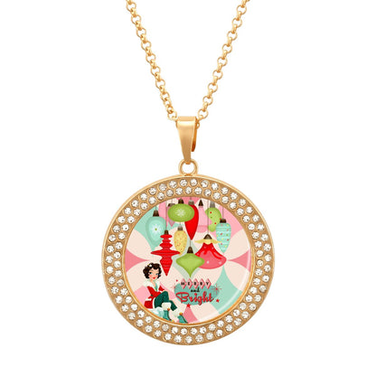 Merry And Bright Christmas Round Rhinestone Pendant Necklace