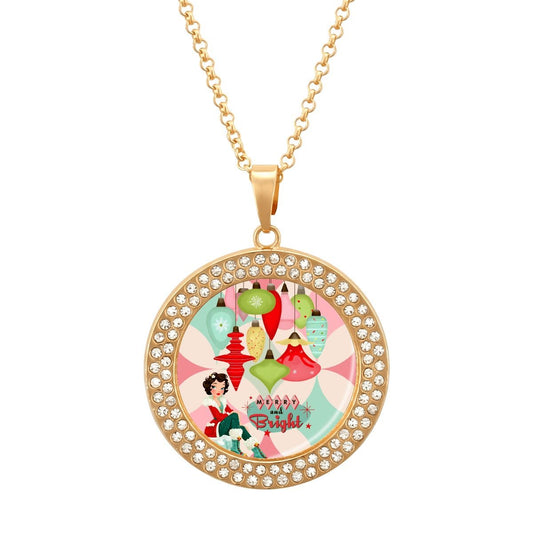 Merry And Bright Christmas Round Rhinestone Pendant Necklace - Splash Of Mahj And Color Co.