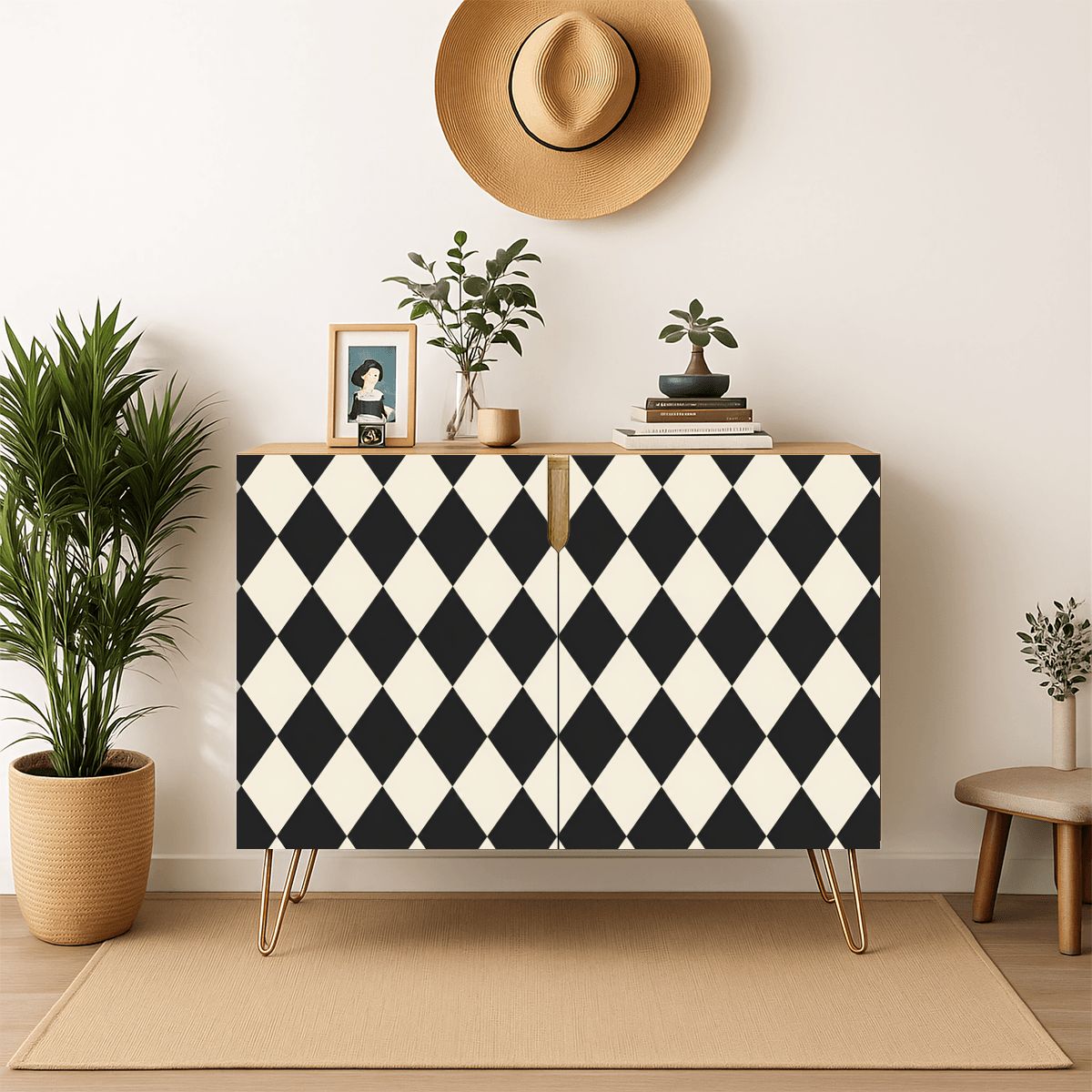 Black And Cream Harlequin Designed Mahjong Tiles And Accessories Sideboard Credenza Cabinet - Splash Of Mahj And Color Co.