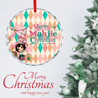 Merry Mahjie Christmas Flipping For Mahjong Harlequin Designed Round Glass Christmas Ornament