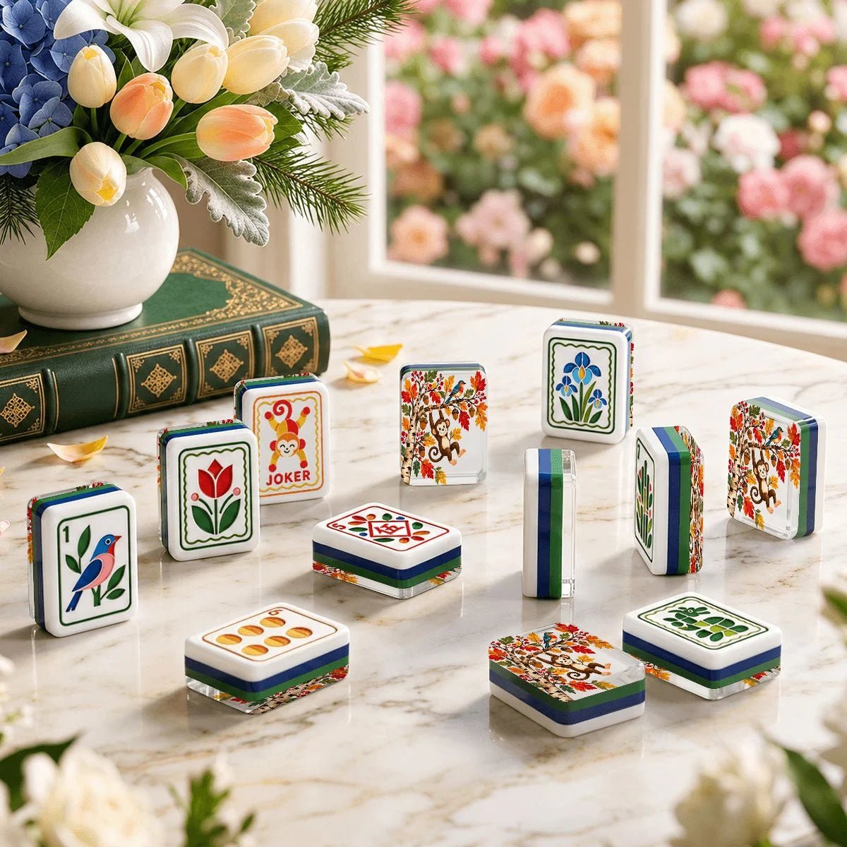 Monkey See Monkey Fall Modern Folk American Mahjong Tiles 4 Layer With Carry Case - Splash Of Mahj And Color Co.