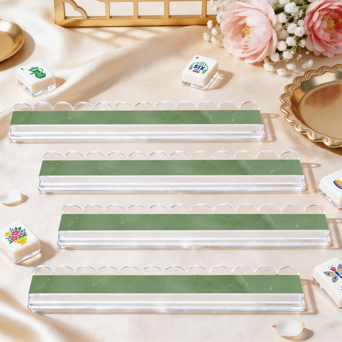 Jade Green Extended Mahjong Rack Set of 4 Scalloped Magnetic Tile Pusher 20' - Splash Of Mahj And Color Co.