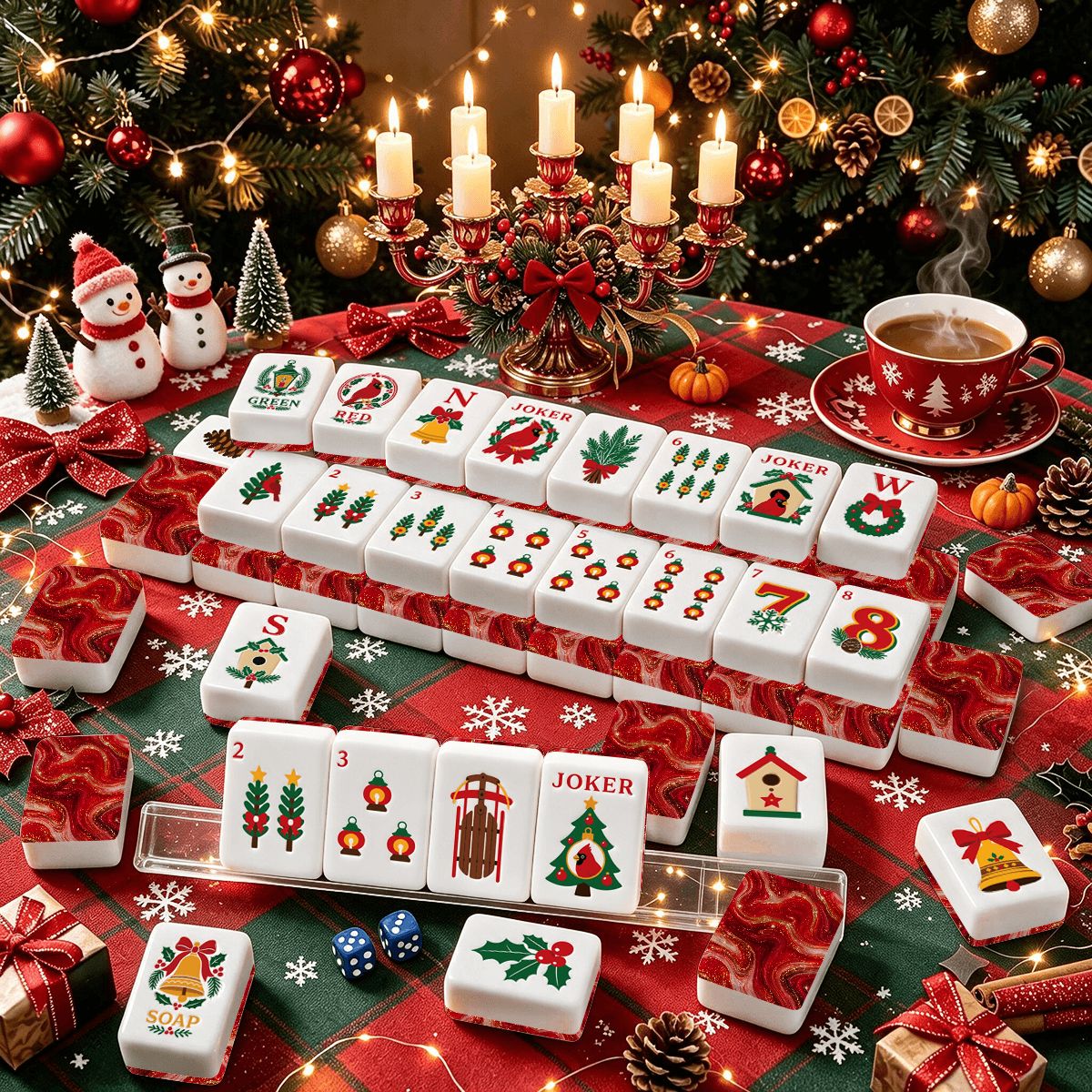 Red Marbled Christmas Cardinal American Engraved Mahjong Tiles And Carry Case