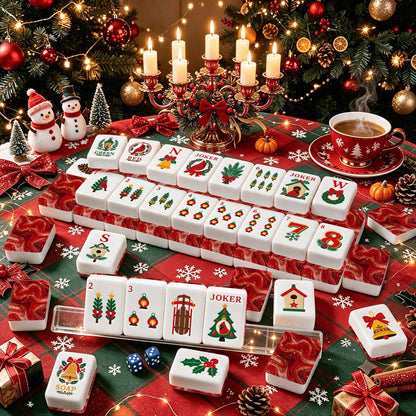 Red Marbled Christmas Cardinal American Engraved Mahjong Tiles And Carry Case