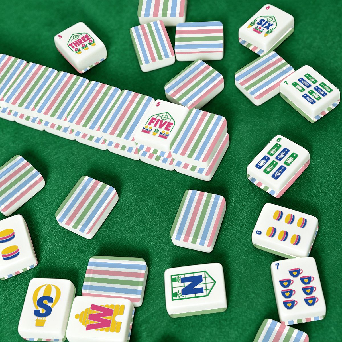 Preppy Pastel Striped Floral Garden Engraved American Mahjong Tiles And Carry Case