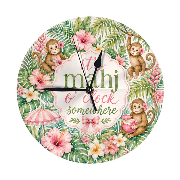 Floral Tropical Monkey It's Mahj O'Clock Somewhere Wall Or Desk Clock Includes Stand
