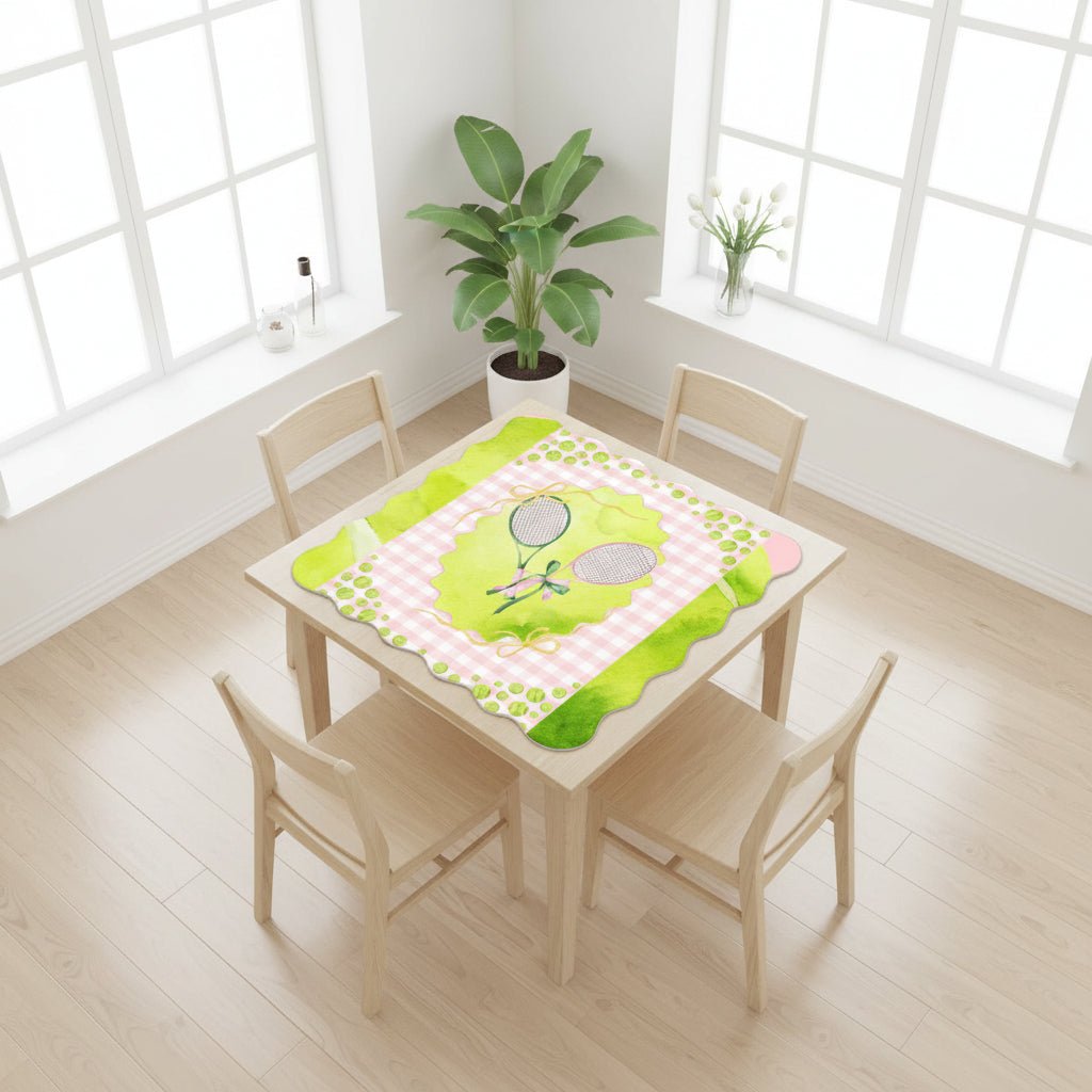 Green And Pink Tennis Themed Scalloped Mahjong Mat - Splash of Color Co.