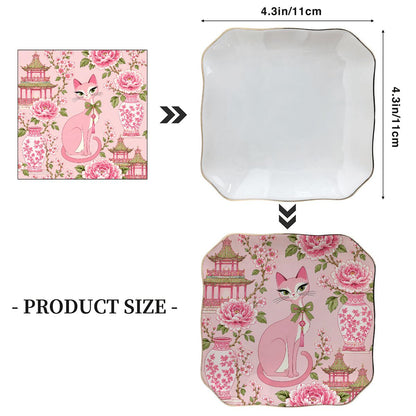 Pink Peony Pagoda Purr Scalloped Ceramic Mahjong Dice Tray