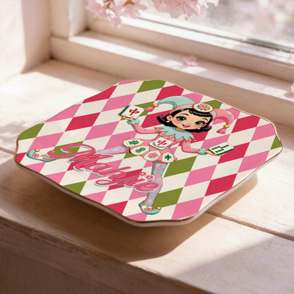 Mahjie The Mascot Harlequin Designed Scalloped Ceramic Mahjong Dice Tray