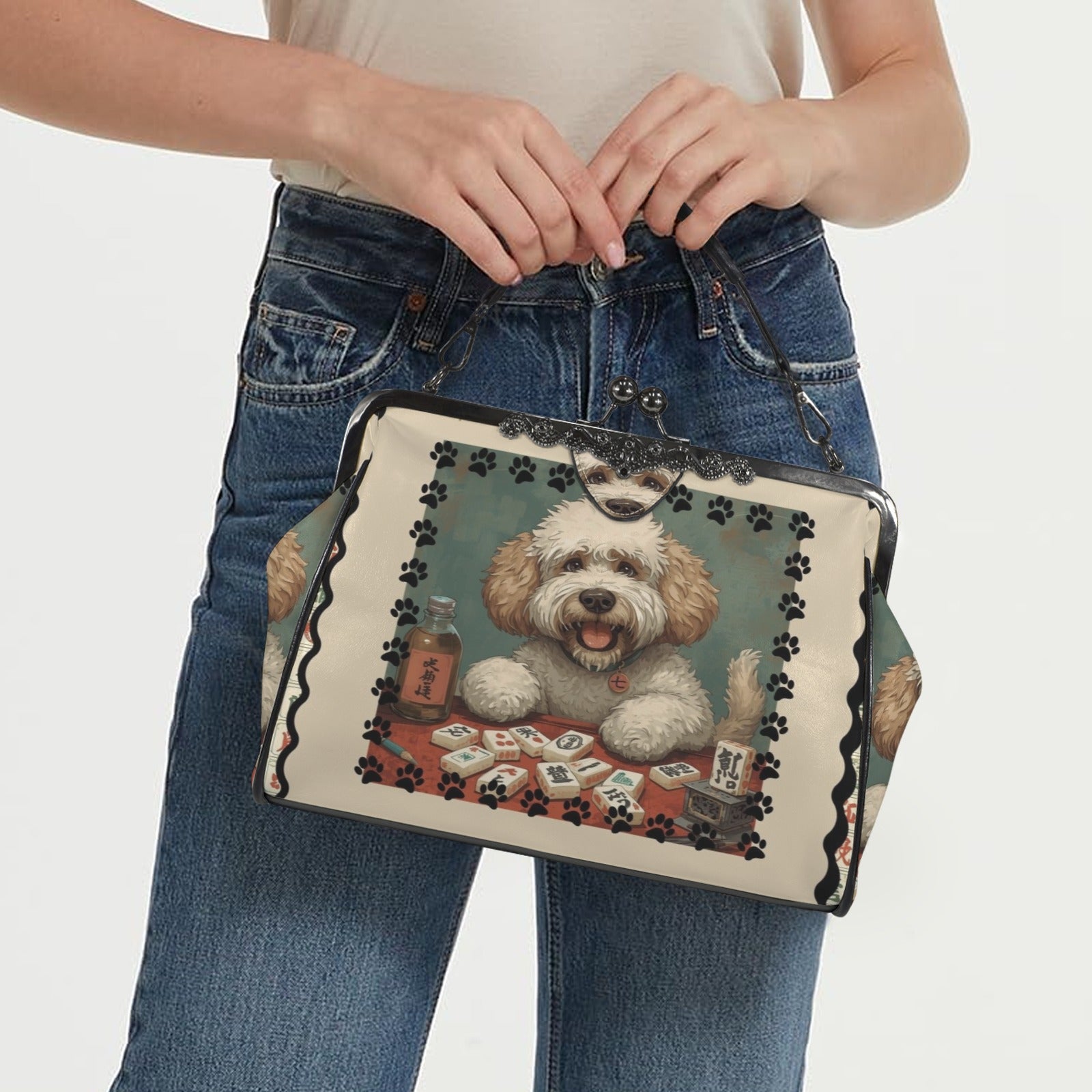 Mahjong Doodle Dog, Whimsical Vintage Style Kisslock Crossbody Shoulder Bag - Splash of Color Co.