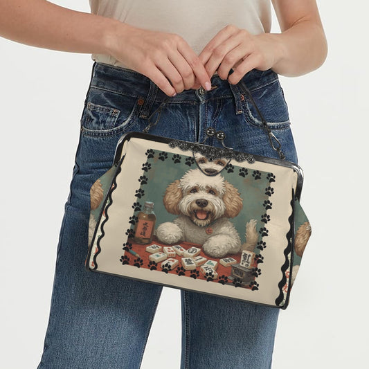 Mahjong Doodle Dog, Whimsical Vintage Style Kisslock Crossbody Shoulder Bag - Splash of Color Co.