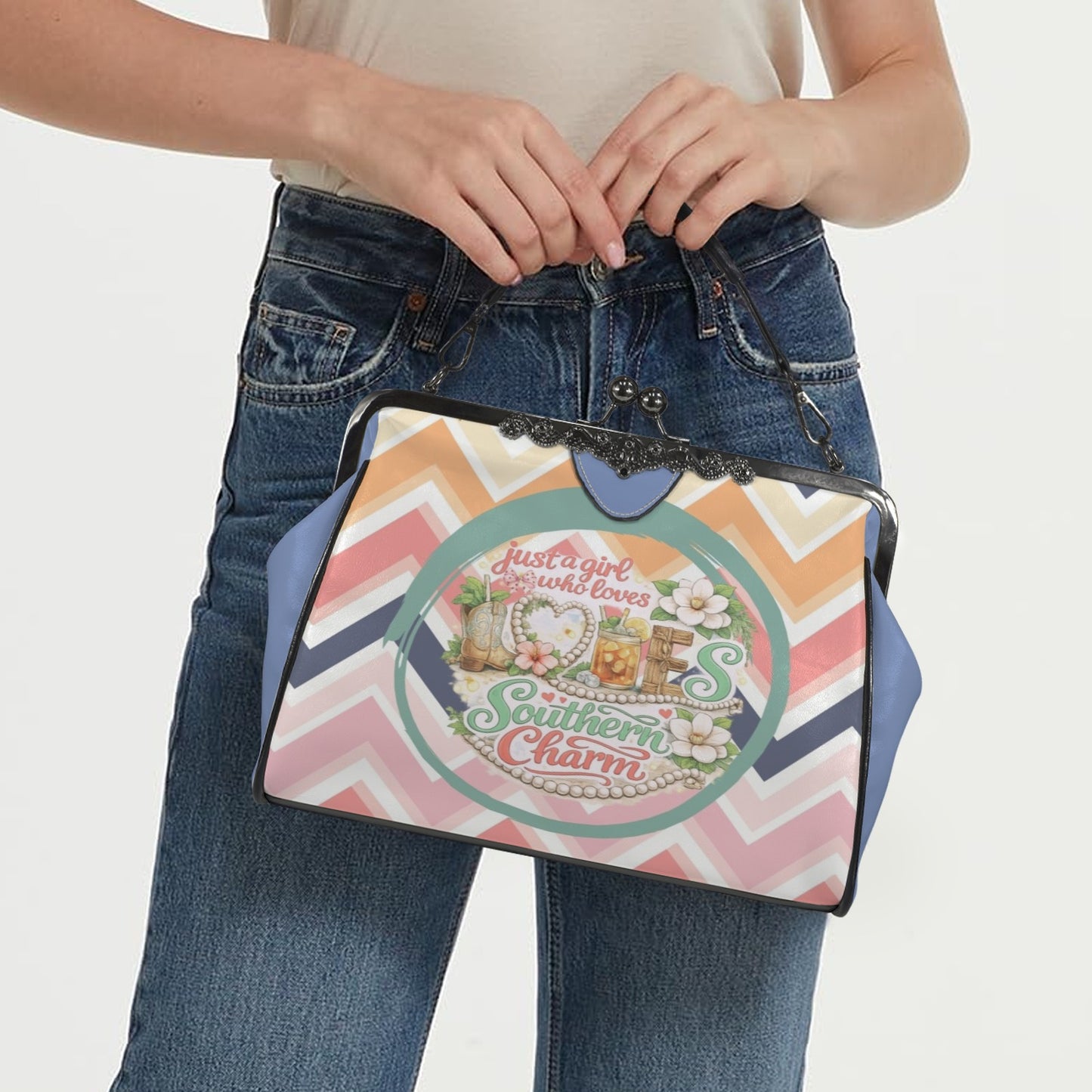 Just A Girl Who Loves Southern Charm And Mahjong Preppy Chevron Kisslock Crossbody Shoulder Bag - Splash of Color Co.