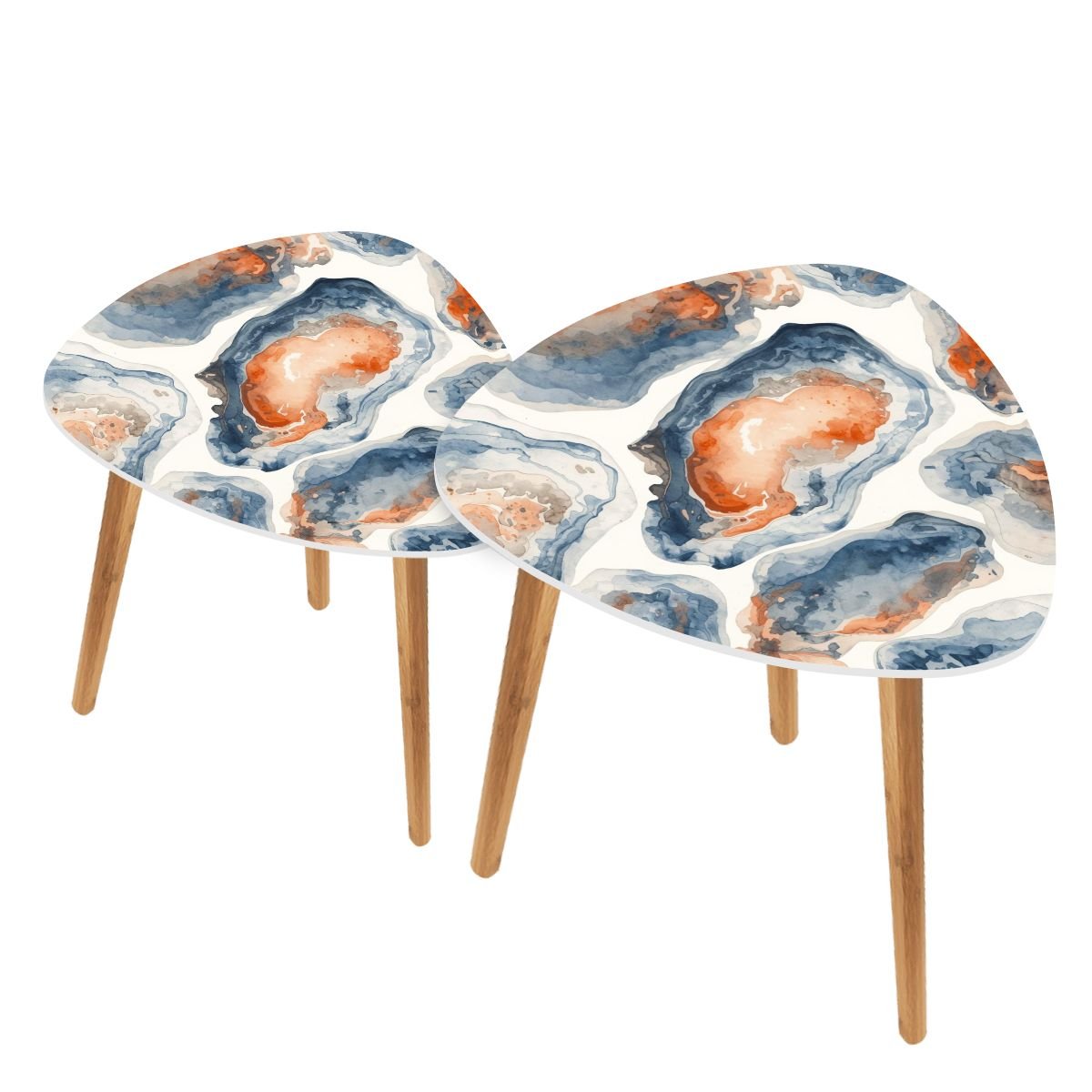 Watercolor Blue Oyster Modern Nesting Tables Triangle Coffee Table Set of 2 - Splash of Color Co.
