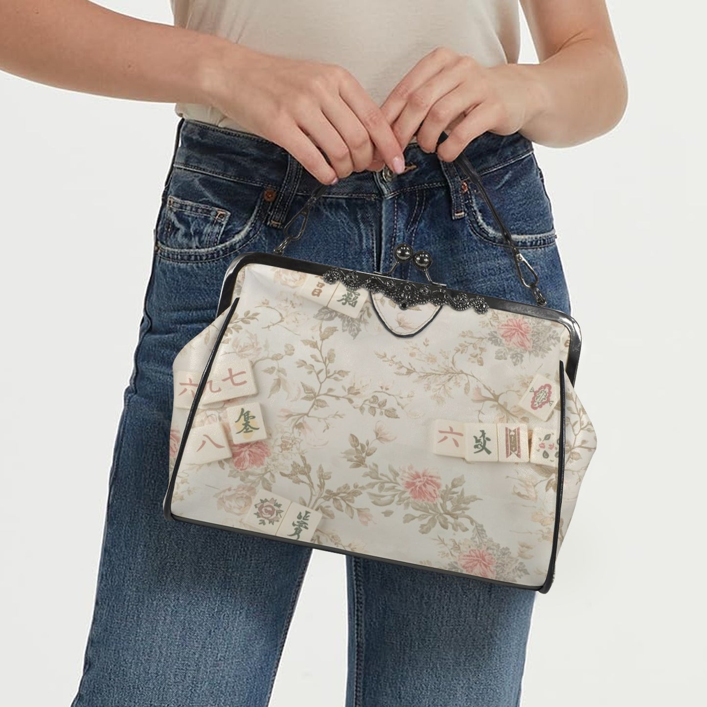 Vintage Floral Mahjong Lover Preppy Kisslock Crossbody Shoulder Bag - Splash of Color Co.