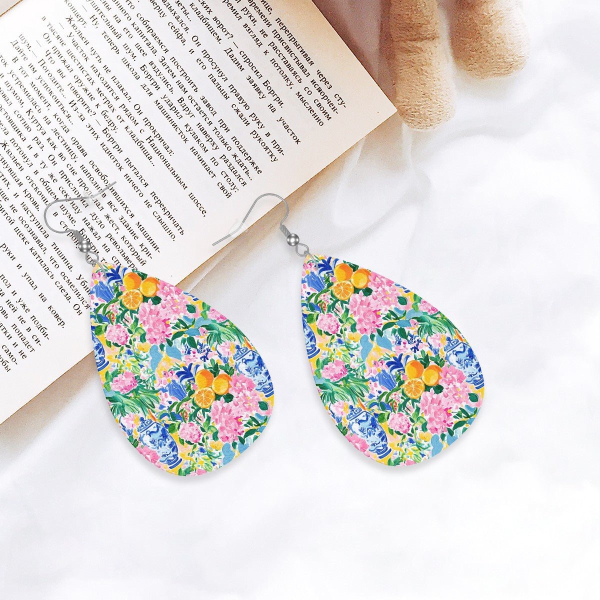 Pretty Preppy Chinoiserie Pastel Tropical Leather Teardrop Earrings - Splash of Color Co.
