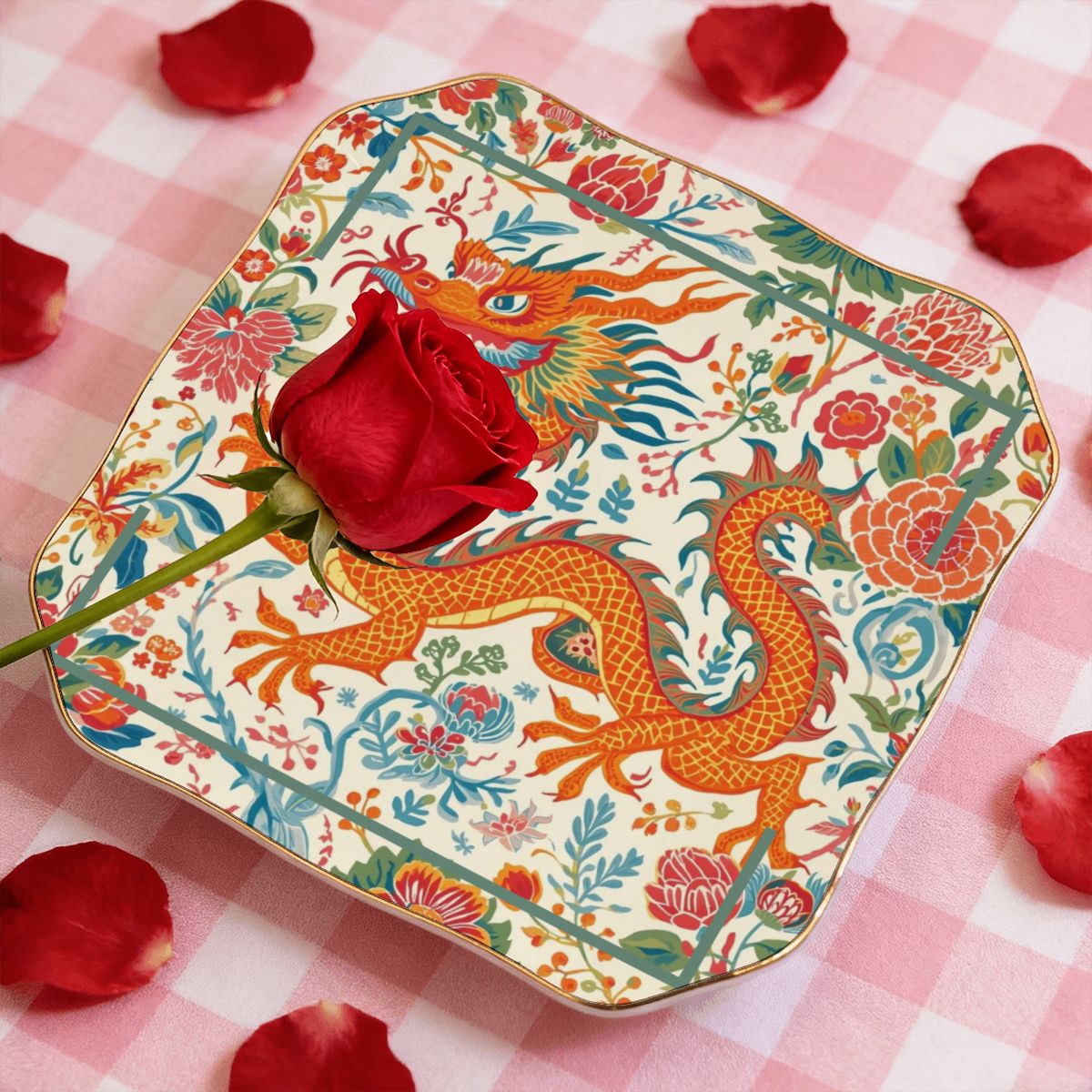 Mahjong Whimsical Dragon Scalloped Ceramic Mahjong Dice Tray