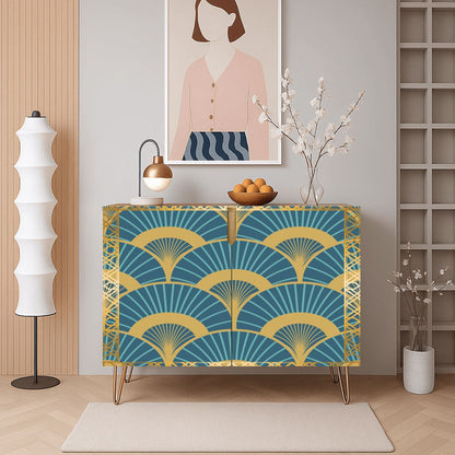 Golden Gilded Teal Art Deco Fan Pattern Modern Wooden Storage Cabinet - Splash of Color Co.