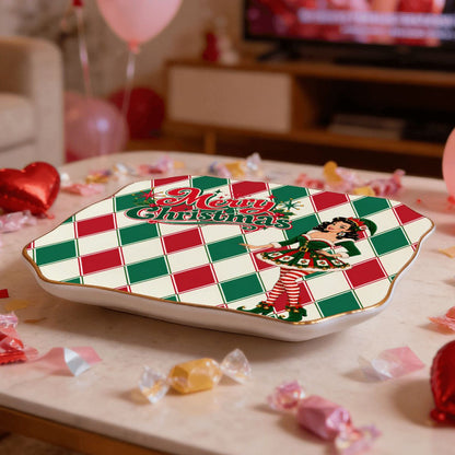 Merry Christmas Madge Harlequin Designed Green And Red Scalloped Ceramic Mahjong Dice Tray - Splash Of Mahj And Color Co.