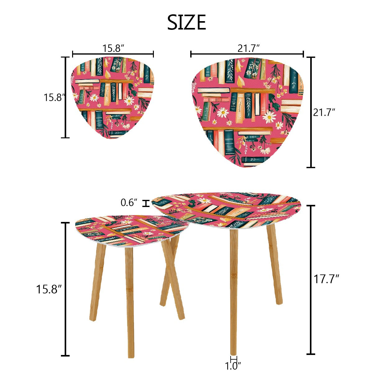 Reading Nook Hot Pink Floral Designed Cozy Modern Triangle Coffee Table Set of 2