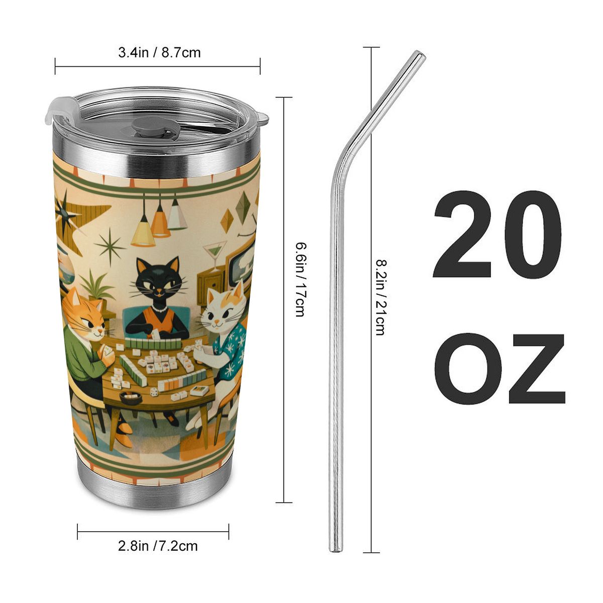 Modcentric Cat Lovers Mahjong 20oz Tumbler with Lid and Straw - Splash of Color Co.