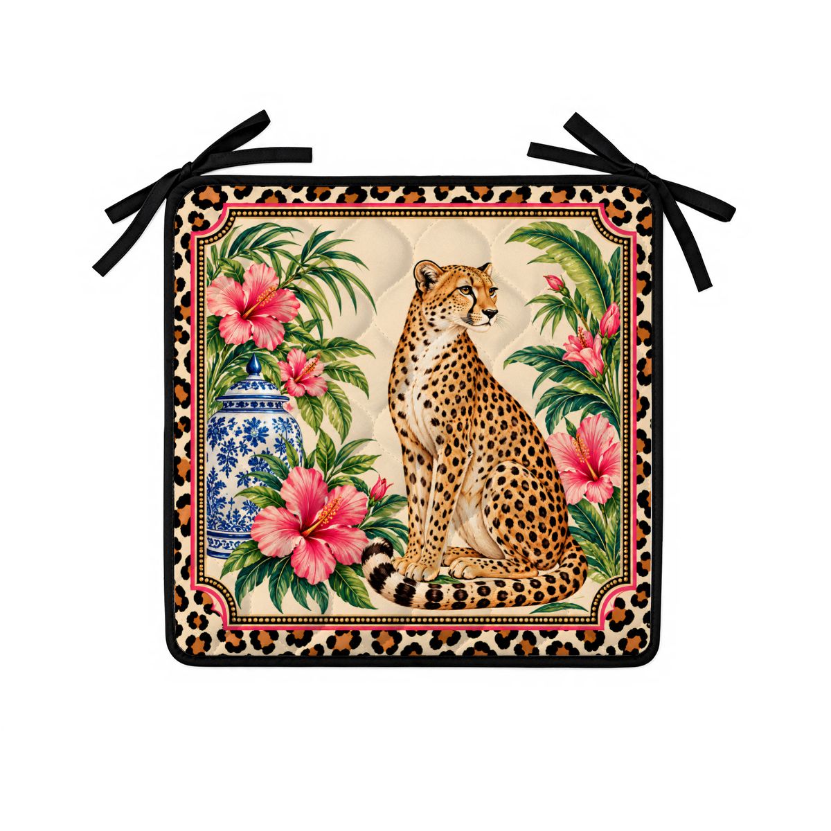 Leopard Chinoiserie Print Quilted Chair Cushion