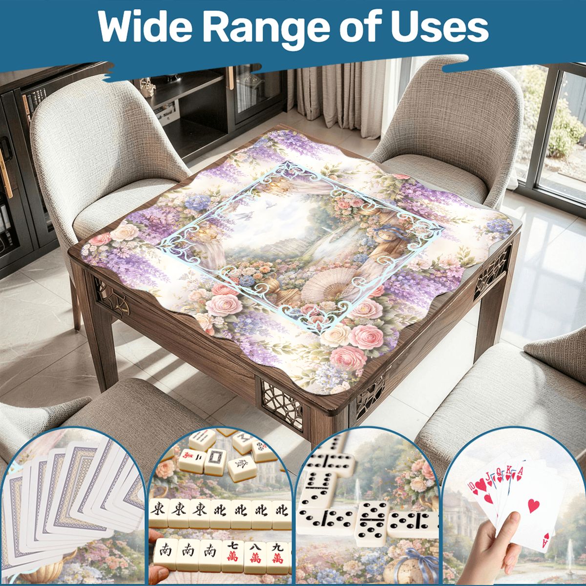 Romantic Regency Wisteria Garden Watercolor Scalloped Mahjong Mat - Splash of Color Co.