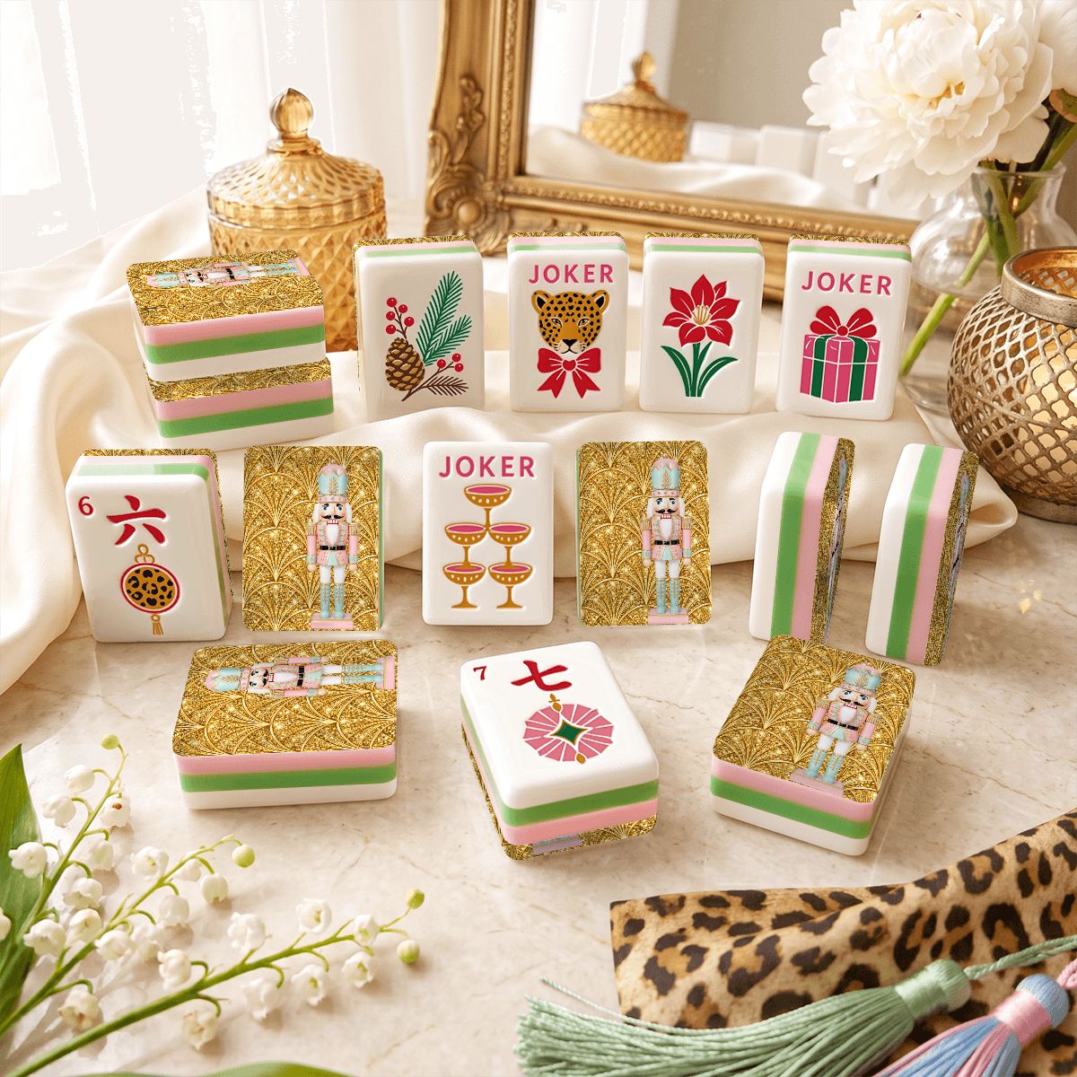 Nutcracker Soldier 4 Layer Gold Glam Holiday American Mahjong Tiles And Carry Case - Splash Of Mahj And Color Co.