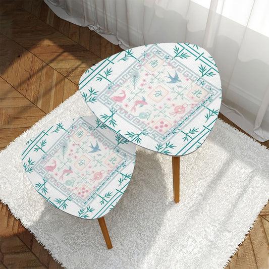 Asian Zen Mahjong Tile Watercolor Pastel Blue Pink Nesting Triangle Coffee Table Set of 2