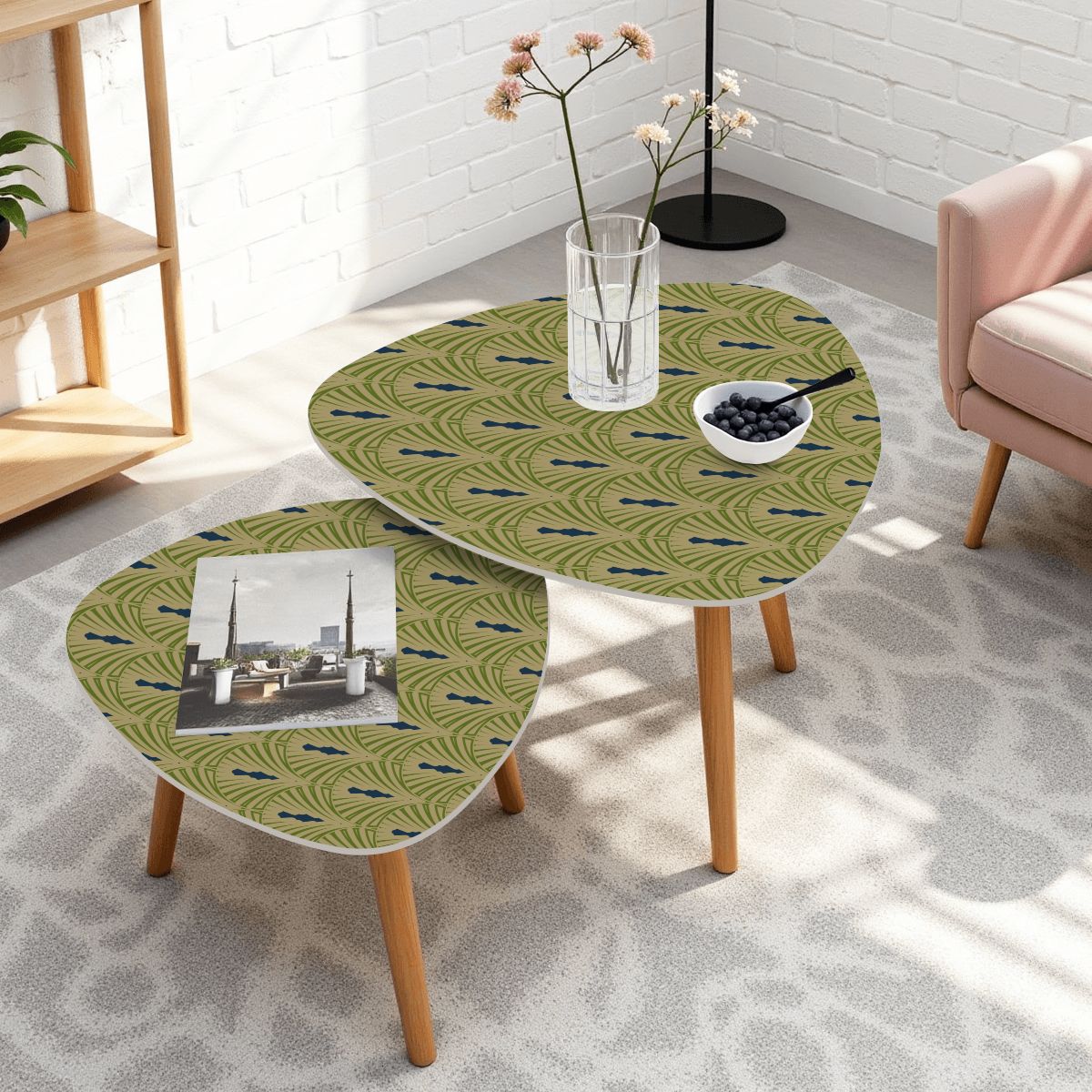 Art Deco Modern Nesting Tables, Army Green Navy Blue Designed - Splash of Color Co.