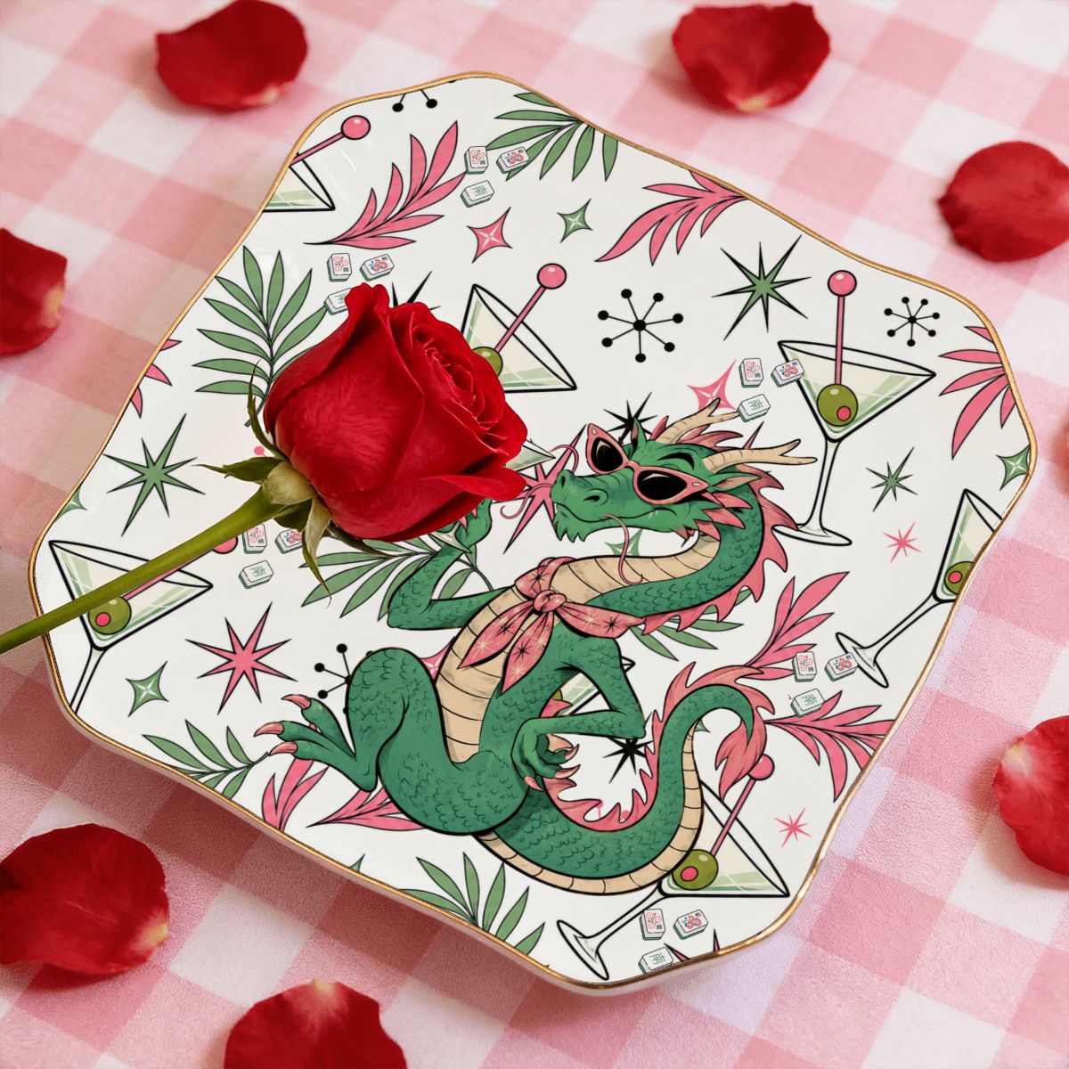 The Tipsy Dragon Scalloped Ceramic Mahjong Dice Tray - Splash Of Mahj And Color Co.