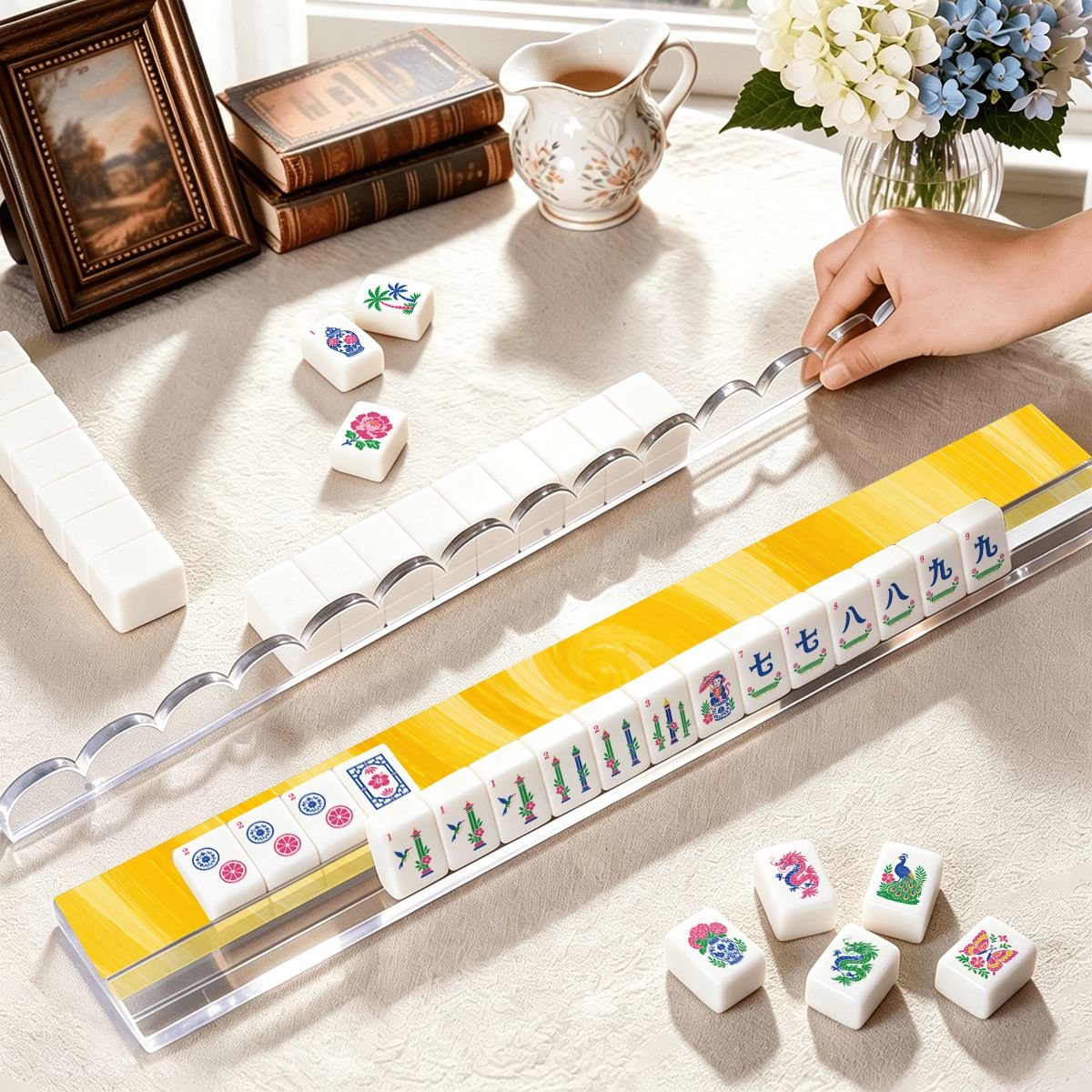Sunshine Yellow Extended Mahjong Rack Set of 4 Scalloped Magnetic Tile Pusher 20' - Splash Of Mahj And Color Co.
