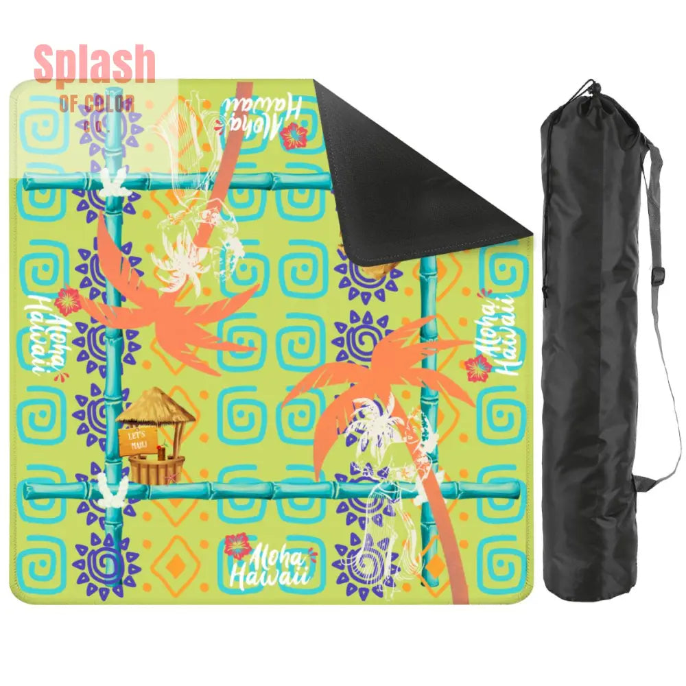 Aloha Hawaii Mahjong Mat Fun Whimsical Lime Green Orange Polynesian Mahj Mat - 2mm (Black Bag) - Daily Accessories