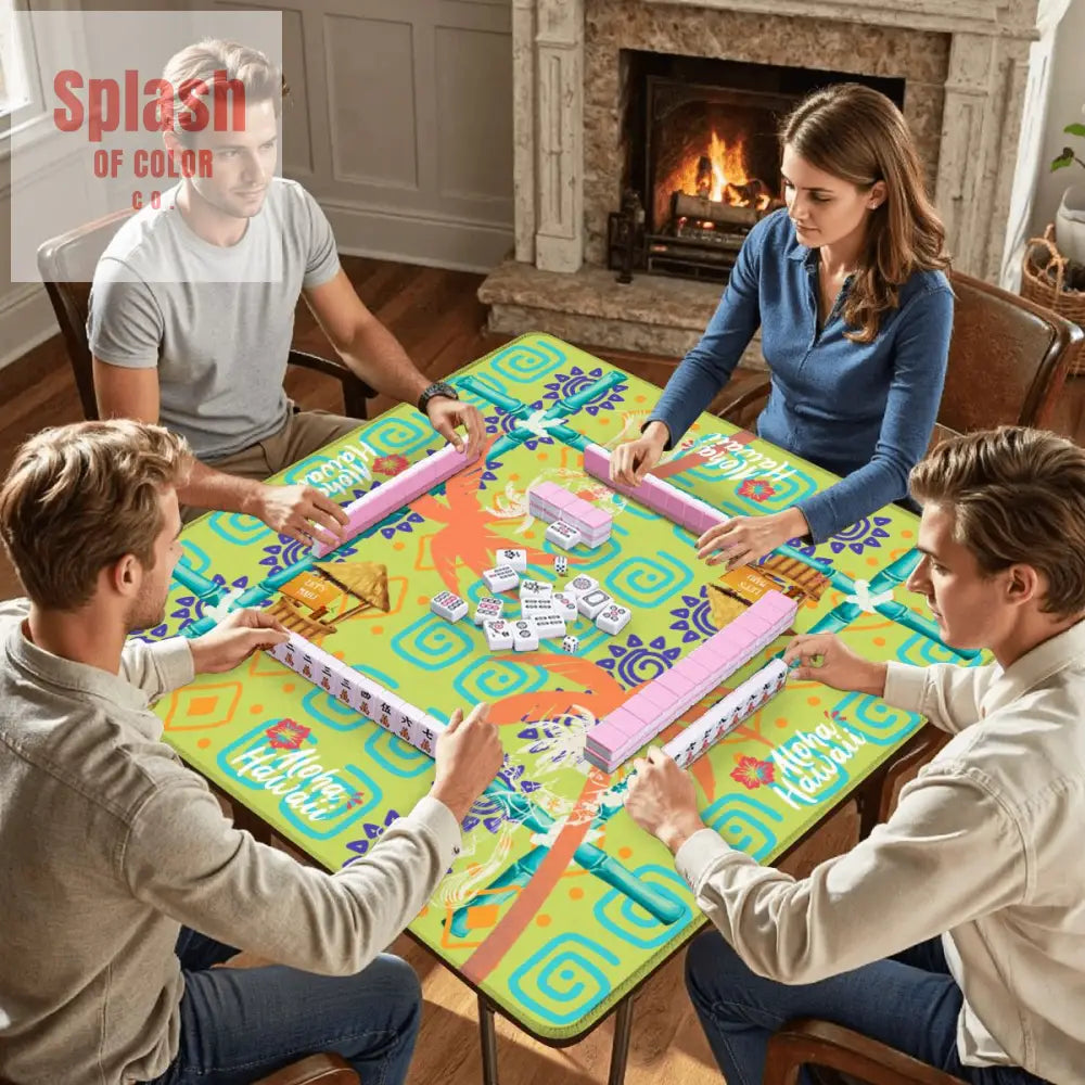Aloha Hawaii Mahjong Mat Fun Whimsical Lime Green Orange Polynesian Mahj Mat - Daily Accessories