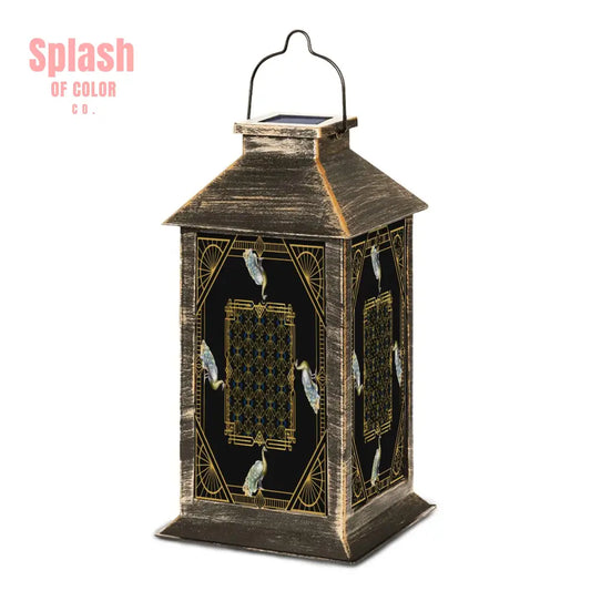 Art Deco Black And Gold Floral Peacock Asian Zen Garden Solar Lantern - One Size - Art Lighting