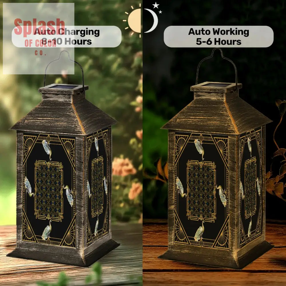 Art Deco Black And Gold Floral Peacock Asian Zen Garden Solar Lantern - One Size - Art Lighting
